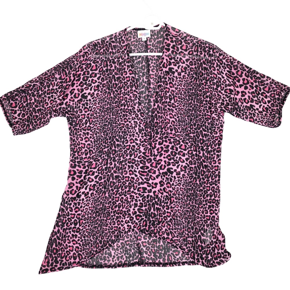 LulaRoe Womens Pink Black Leopard‎ Print Sheer Kimono Cardigan Size 3